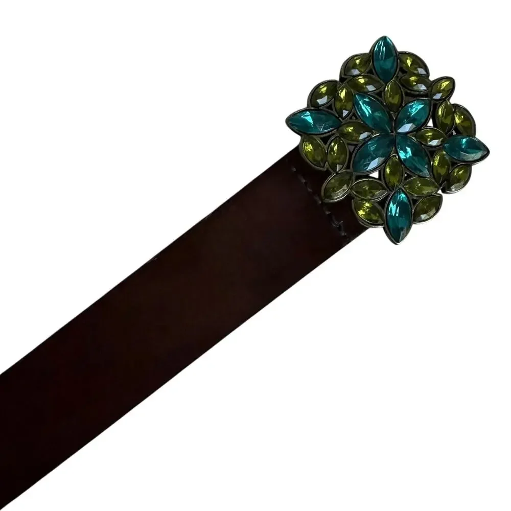 Y2K Brown Leather Belt Floral Rhinestone Buckle Blue Green Western Boho USA